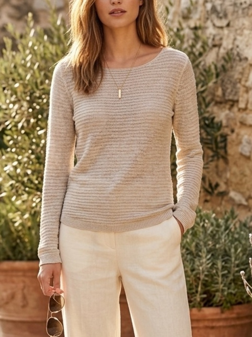 Tahari Neutral Taupe Crewneck Sweater 100% Linen